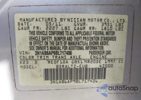 2011 Nissan Sentra 2.0Sr from USA, damaged, VIN 3N1AB6AP9BL717406